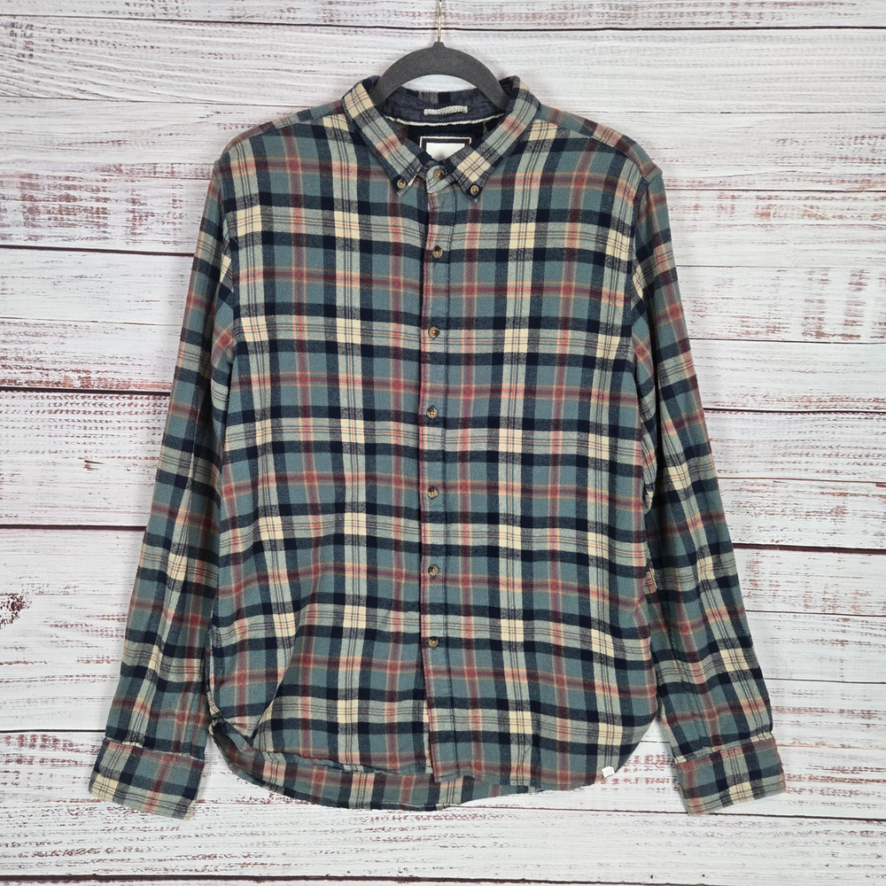 Denim & Flower Men Blue Plaid Flannel Shirt L Outdoor Gorpcore Hiking Cozy Cabin